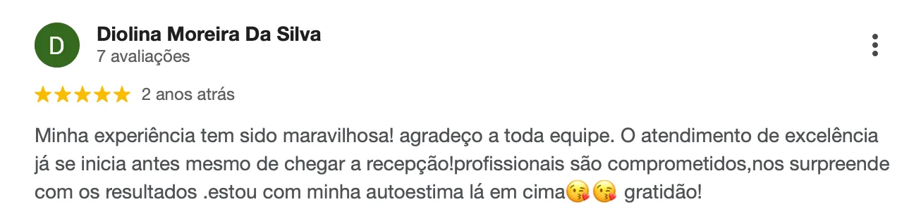 Avaliação 5 estrelas no Google de Diolina Moreira sobre a Clínica Sansão Bazan em Dourados